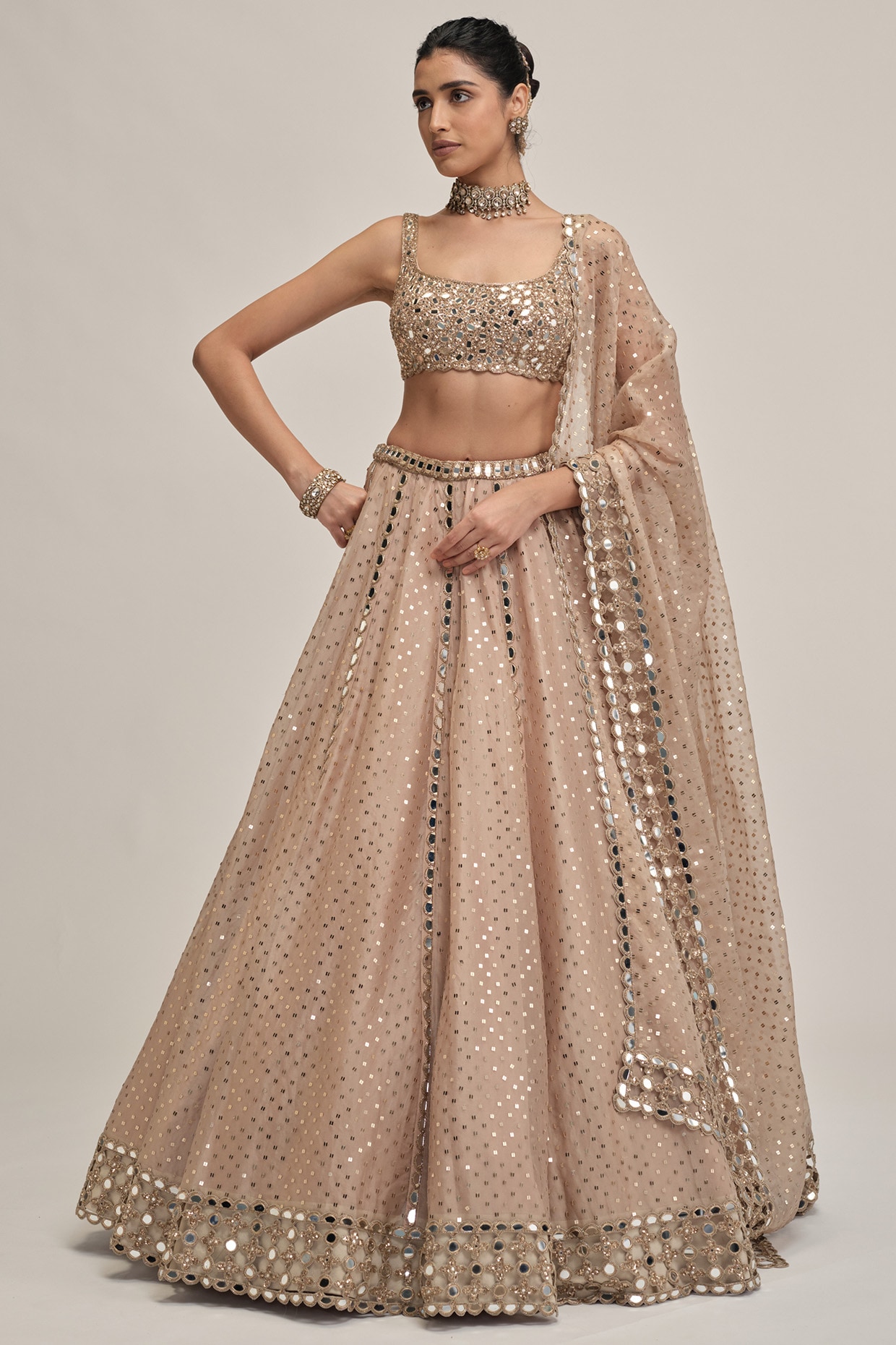 Vvani By Vani Vats Light Beige Organza Sequins Embroidered Lehenga Set