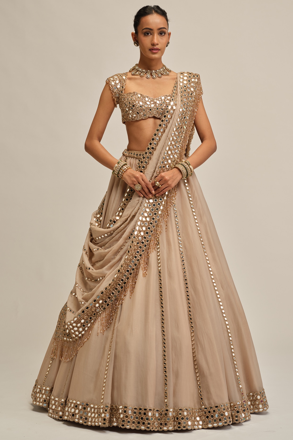 Vvani By Vani Vats Light Beige Organza Mirror Embroidered Lehenga Set