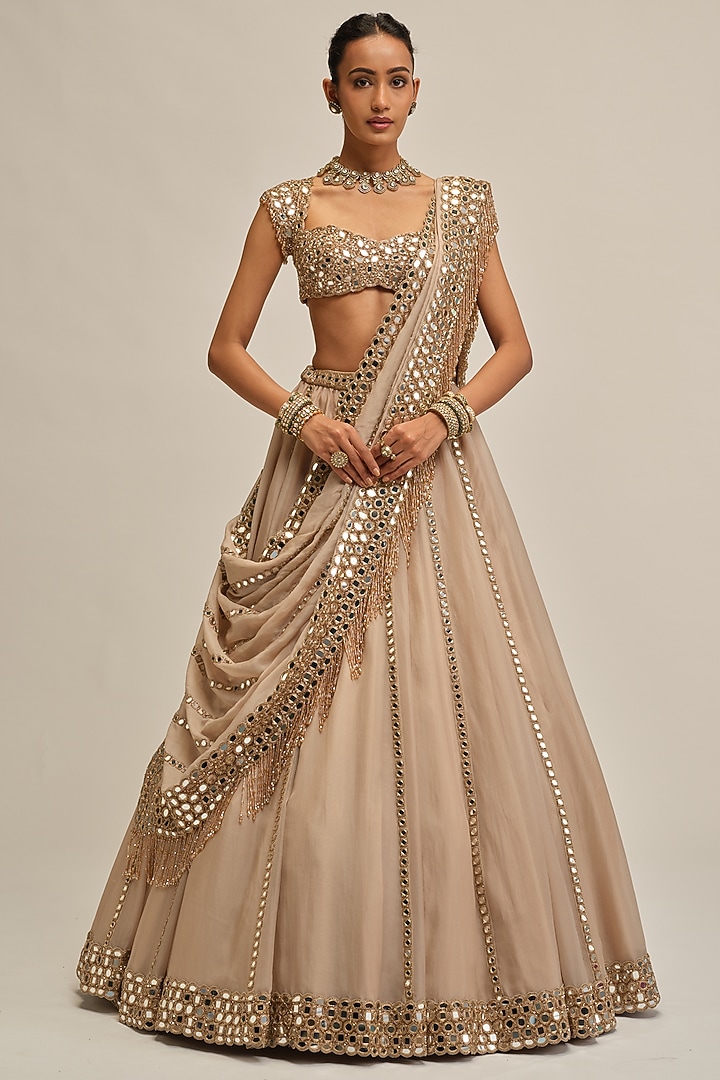 Light Beige Organza Mirror Embroidered Bridal Lehenga Set by Vvani By Vani Vats at Pernia's Pop Up Shop