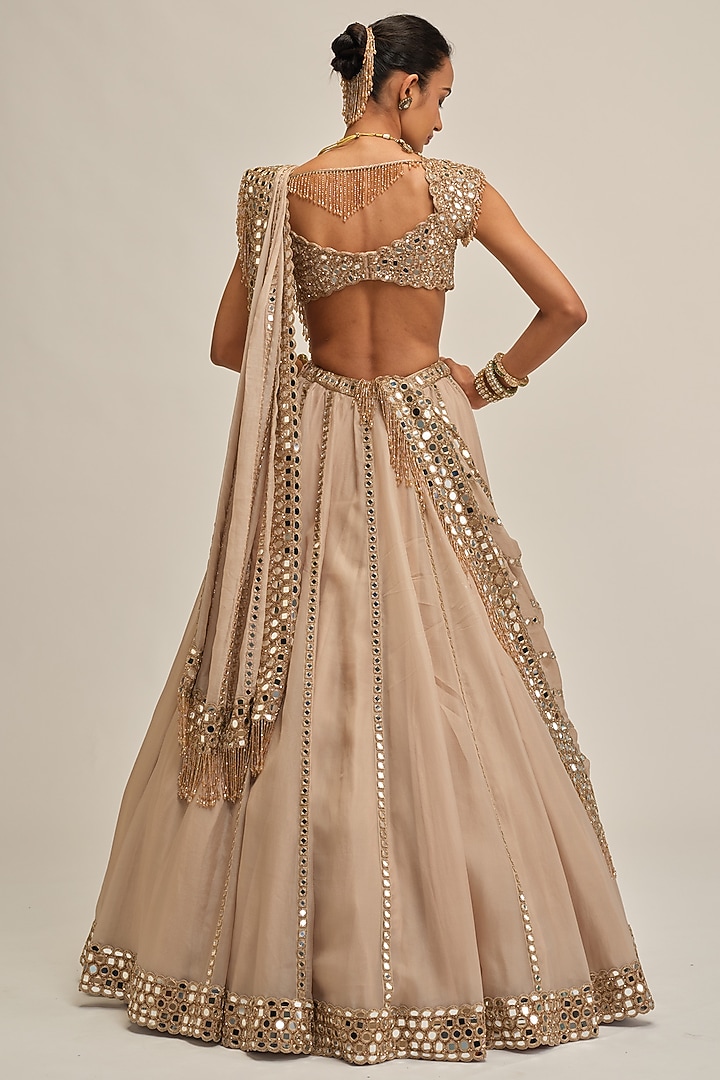 Light Beige Organza Mirror Embroidered Bridal Lehenga Set by Vvani By Vani Vats at Pernia's Pop Up Shop