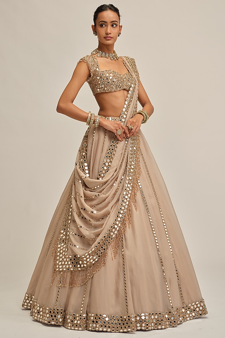 Light Beige Organza Mirror Embroidered Bridal Lehenga Set by Vvani By Vani Vats at Pernia's Pop Up Shop