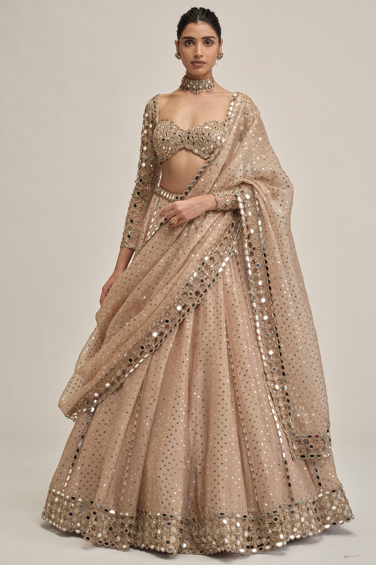 Vvani By Vani Vats Light Beige Crepe Sequins Embroidered Lehenga Set