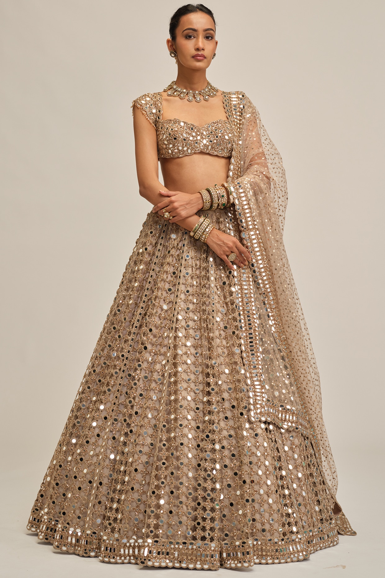 Vvani By Vani Vats Light Beige Georgette Mirror Cutwork Lehenga Set