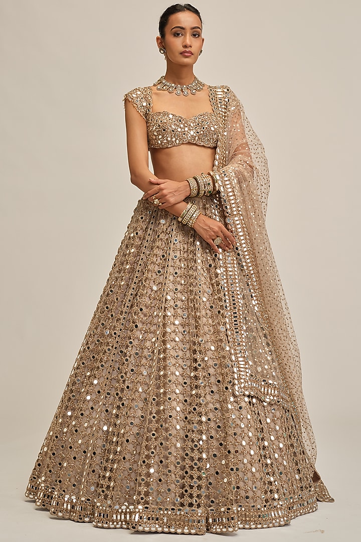 Light Beige Georgette Mirror Cutwork Bridal Lehenga Set by Vvani By Vani Vats at Pernia's Pop Up Shop