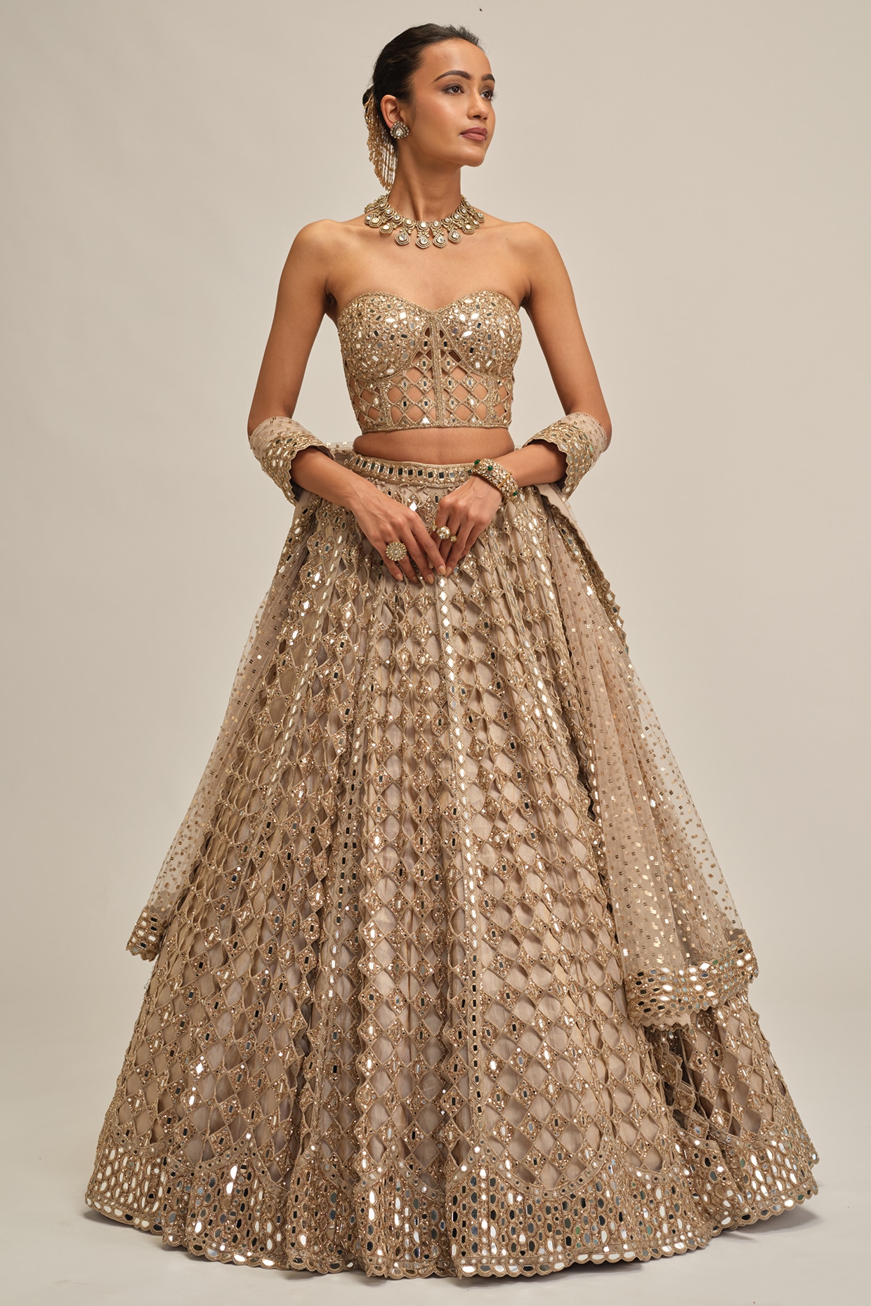 Vvani By Vani Vats Light Beige Georgette Mirror Cutwork Lehenga Set