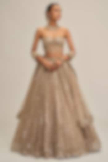 Light Beige Georgette Mirror Cutwork Bridal Lehenga Set by Vvani By Vani Vats at Pernia's Pop Up Shop