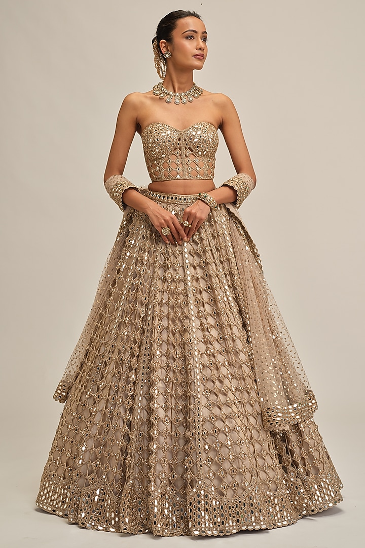 Light Beige Georgette Mirror Cutwork Bridal Lehenga Set by Vvani By Vani Vats at Pernia's Pop Up Shop