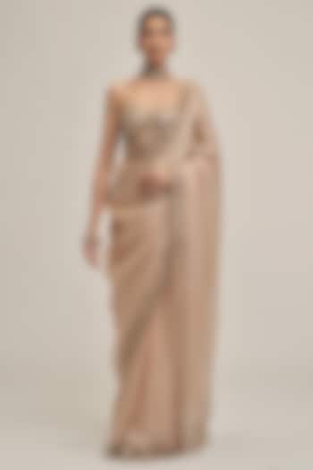 Light Beige Satin Organza Cutwork Reception Saree Set by Vvani By Vani Vats at Pernia's Pop Up Shop