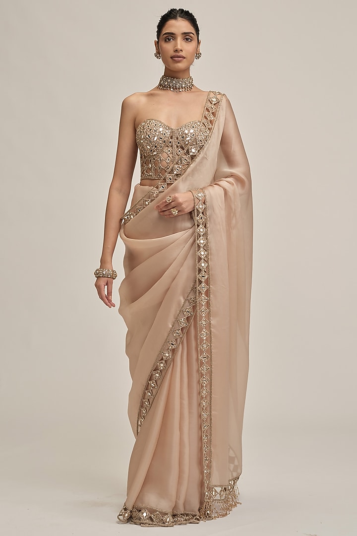 Light Beige Satin Organza Cutwork Reception Saree Set by Vvani By Vani Vats at Pernia's Pop Up Shop