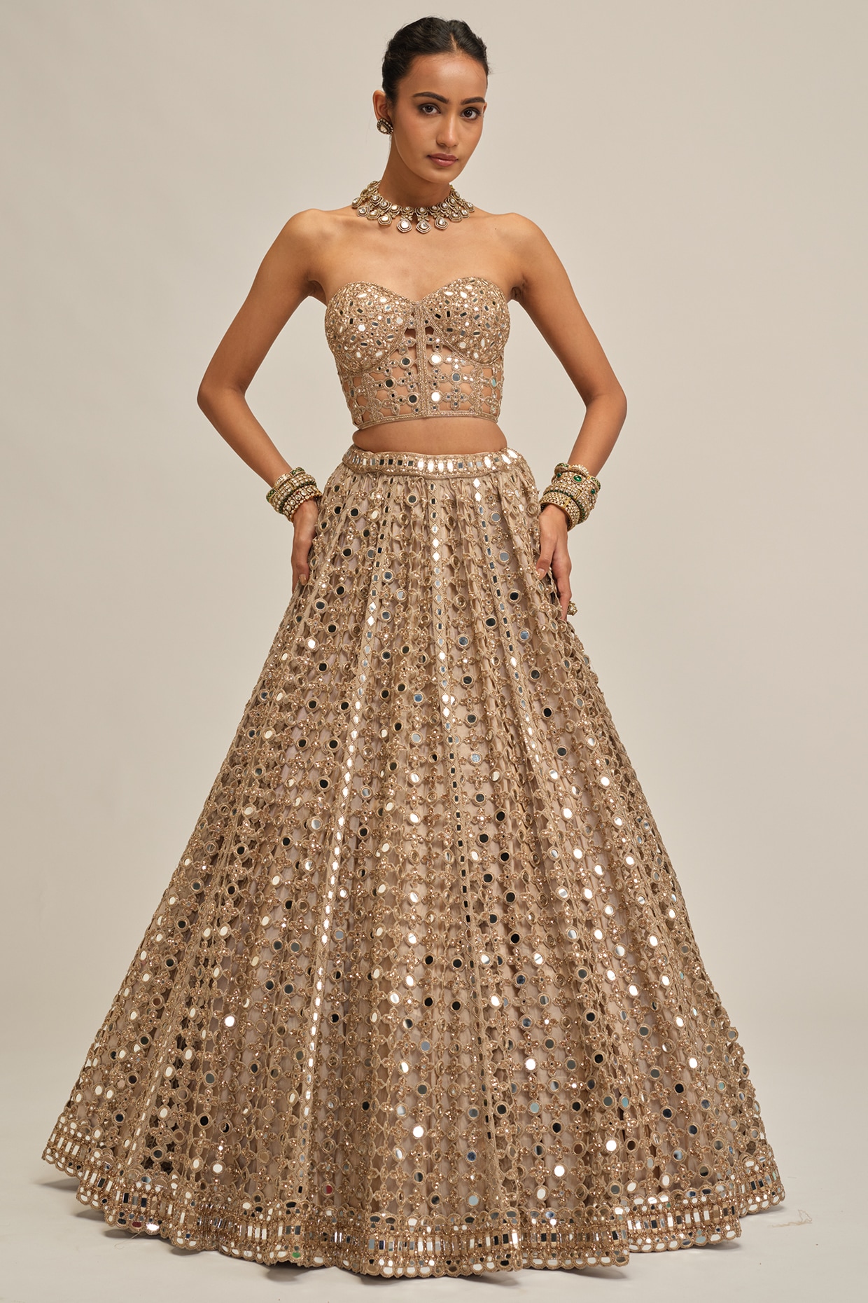 Vvani By Vani Vats Light Beige Georgette Mirror Cutwork Lehenga Set