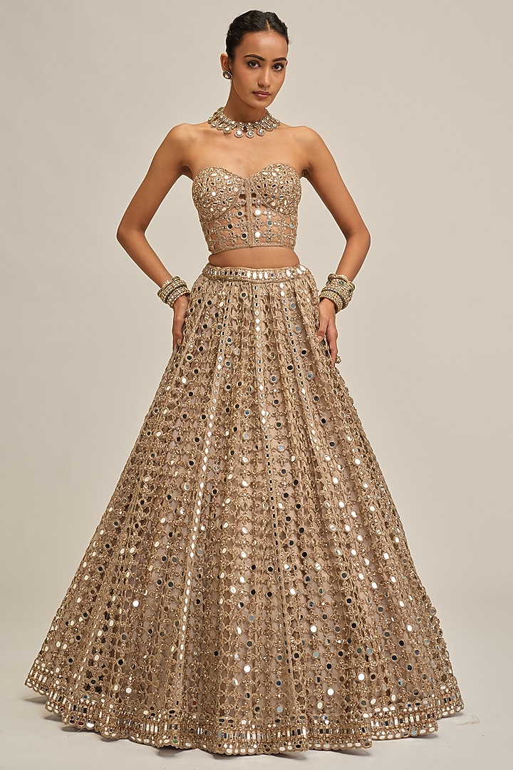 Light Beige Georgette Mirror Cutwork Bridal Lehenga Set by Vvani By Vani Vats at Pernia's Pop Up Shop