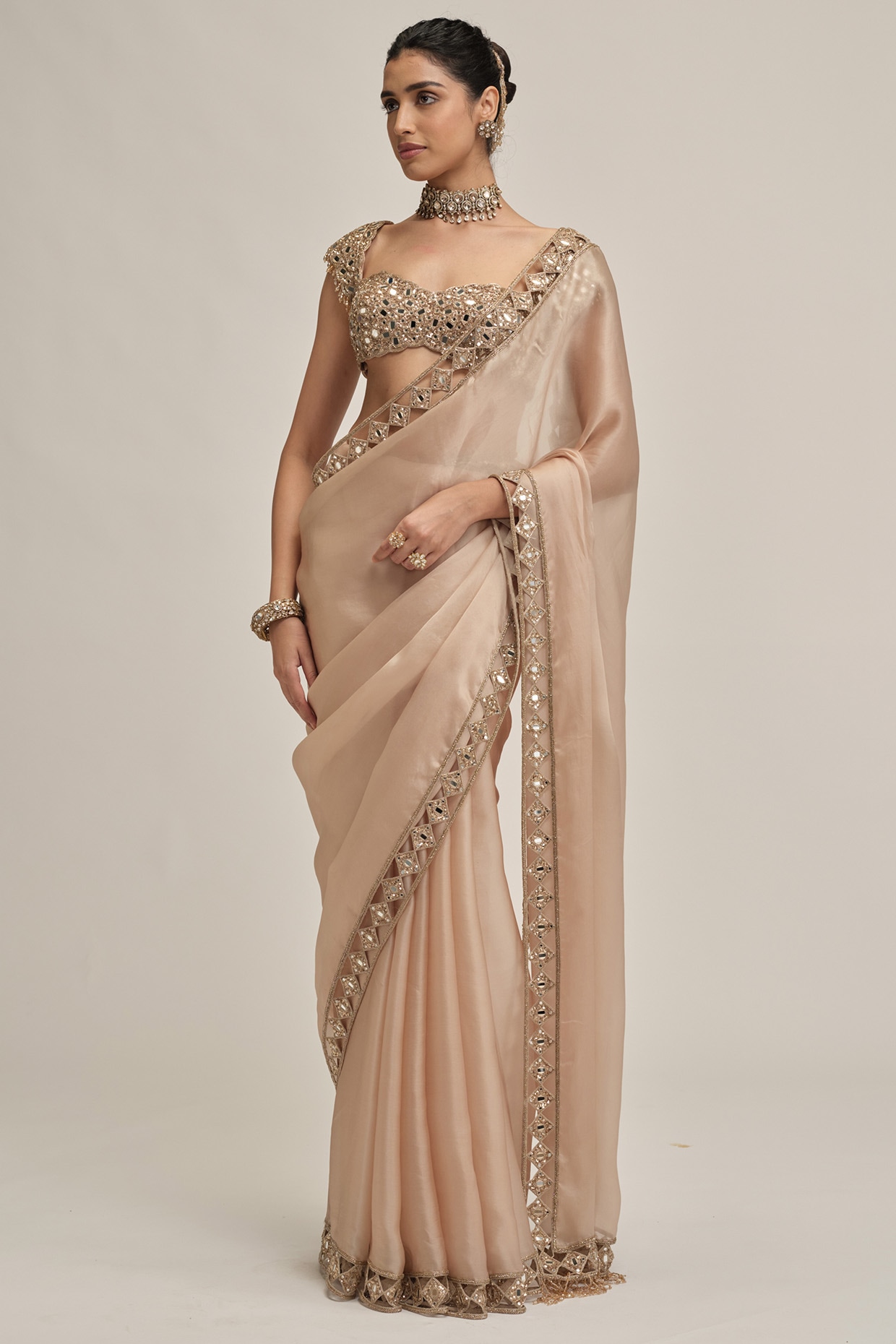Vvani By Vani Vats Light Beige Satin Organza Cutwork Saree Set