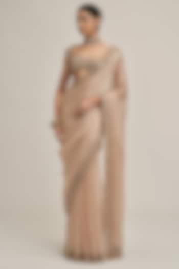 Light Beige Satin Organza Cutwork Reception Saree Set by Vvani By Vani Vats at Pernia's Pop Up Shop