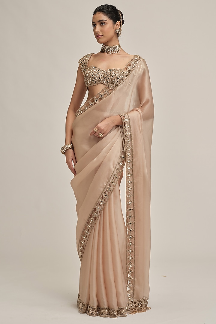 Light Beige Satin Organza Cutwork Reception Saree Set by Vvani By Vani Vats at Pernia's Pop Up Shop