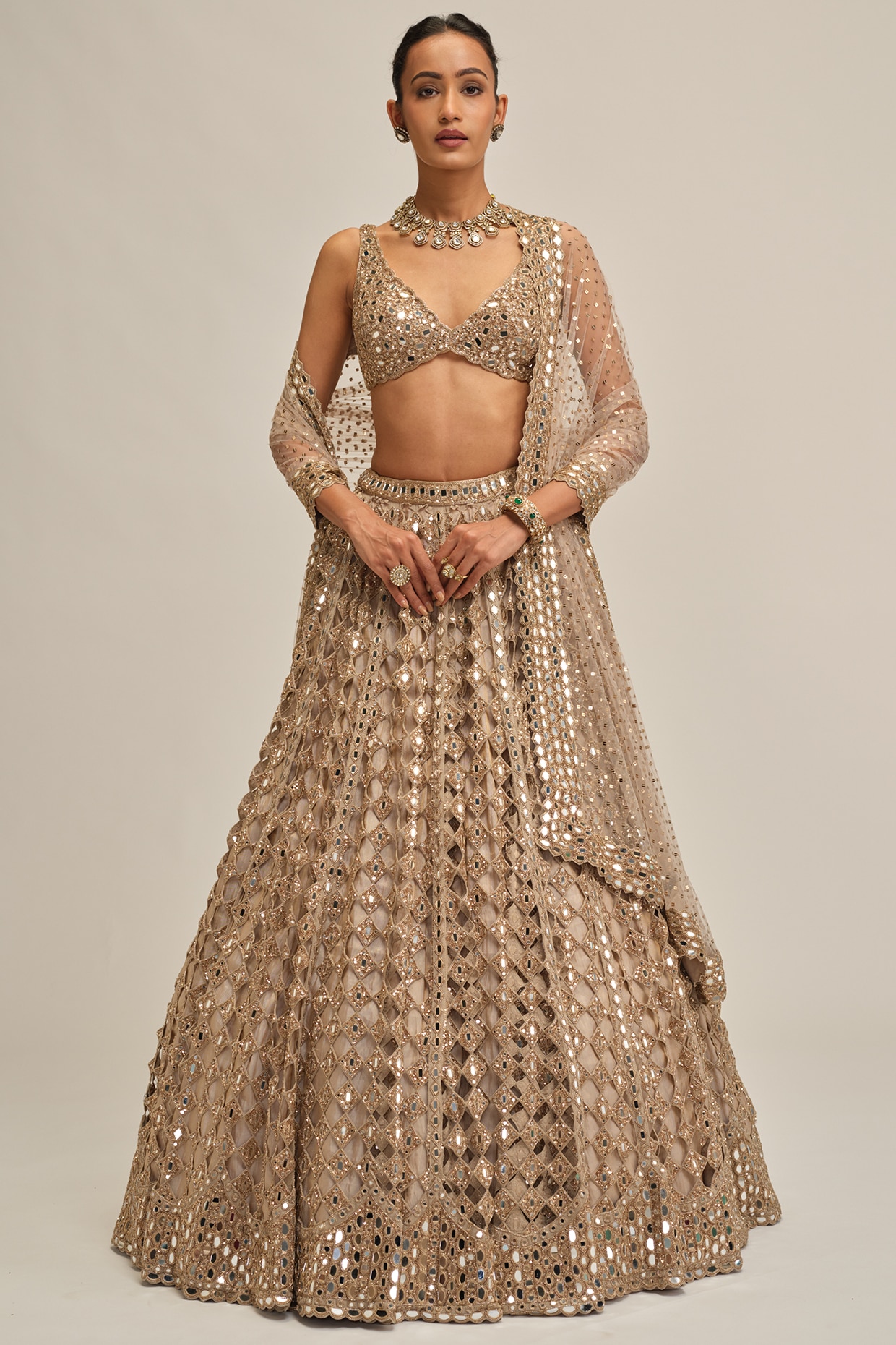 Vvani By Vani Vats Light Beige Georgette Mirror Cutwork Lehenga Set