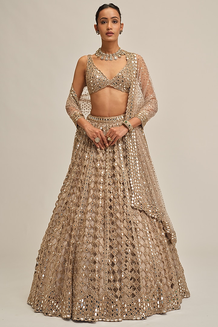 Light Beige Georgette Mirror Cutwork Bridal Lehenga Set by Vvani By Vani Vats at Pernia's Pop Up Shop