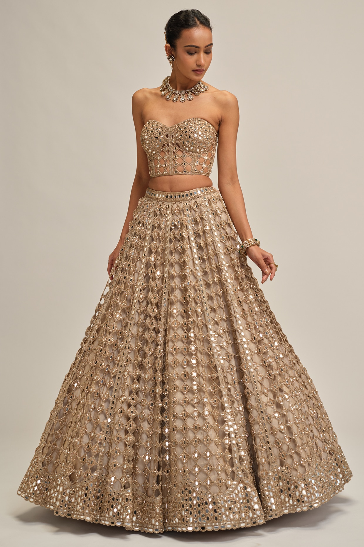 Vvani By Vani Vats Light Beige Georgette Mirror Cutwork Lehenga Set