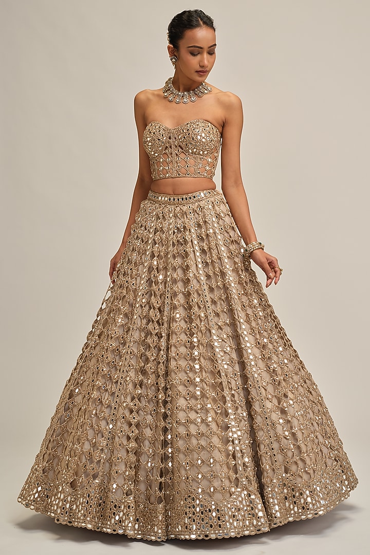Light Beige Georgette Mirror Cutwork Bridal Lehenga Set by Vvani By Vani Vats at Pernia's Pop Up Shop