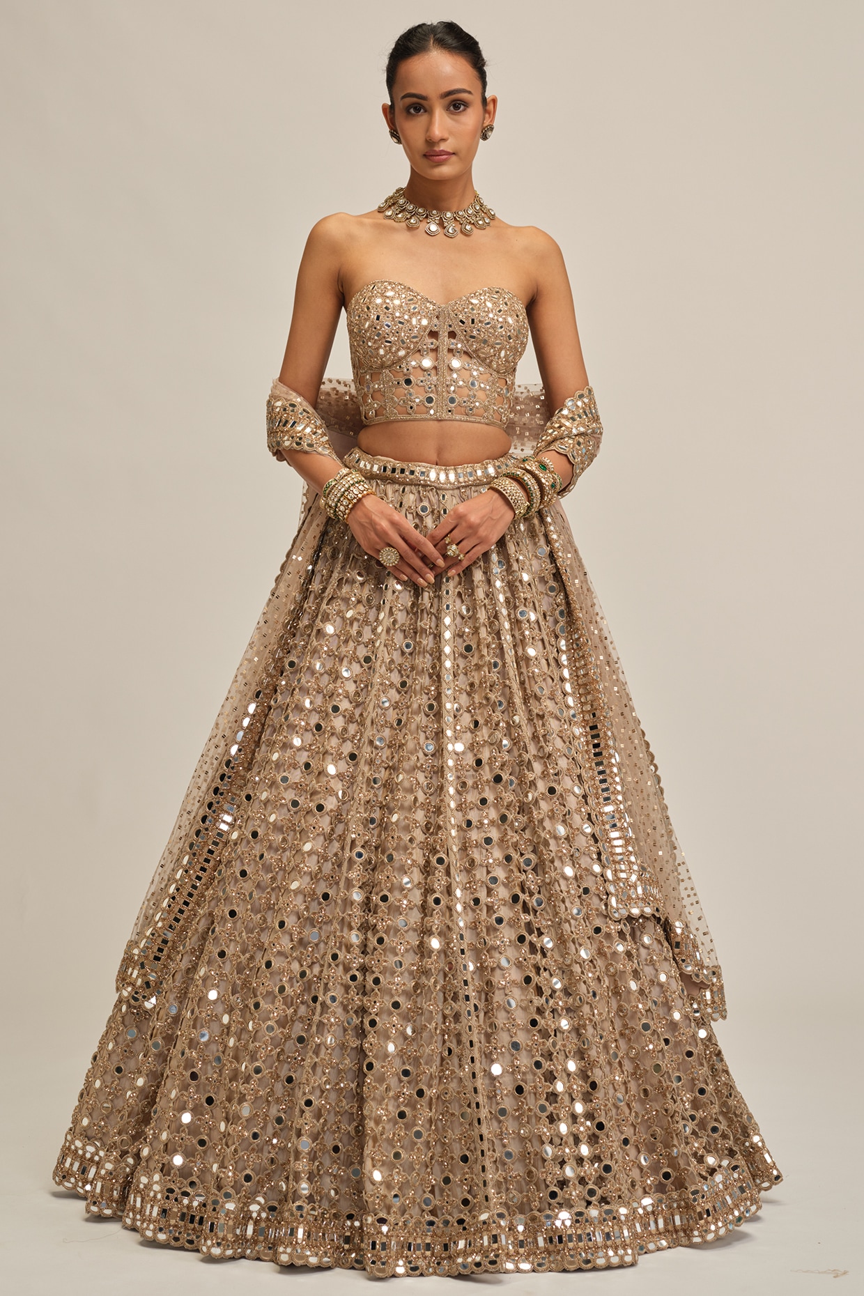 Vvani By Vani Vats Light Beige Georgette Mirror Cutwork Lehenga Set