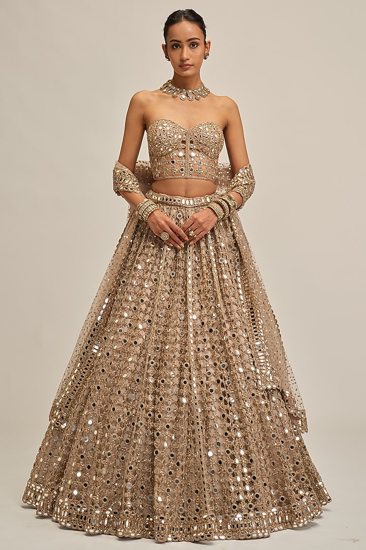 Light Beige Georgette Mirror Cutwork Bridal Lehenga Set by Vvani By Vani Vats at Pernia's Pop Up Shop