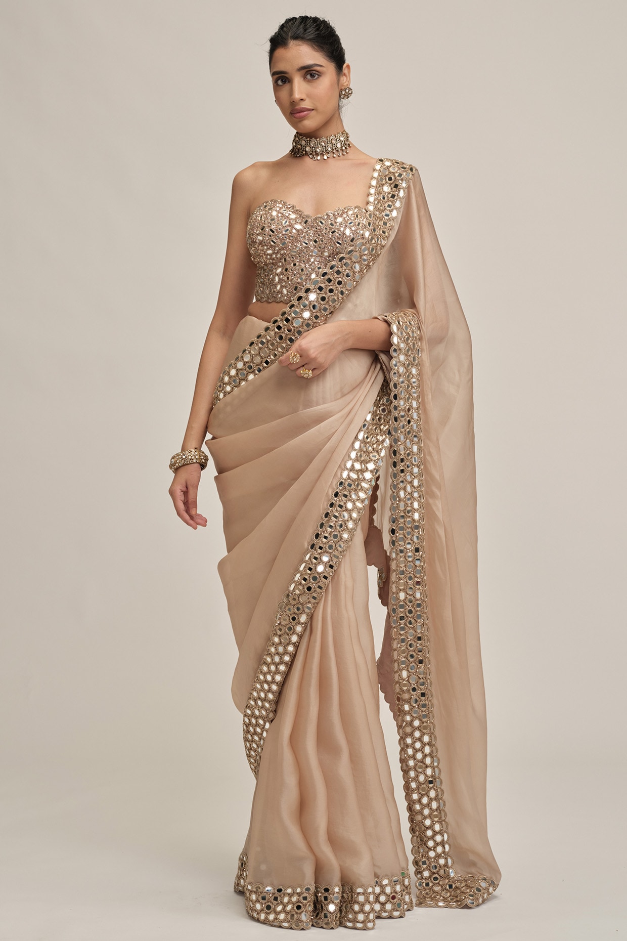 Vvani By Vani Vats Light Beige Satin Organza Sequins Embroidered Saree Set