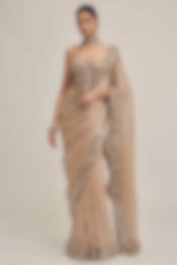 Light Beige Satin Organza Sequins Embroidered Reception Saree Set by Vvani By Vani Vats at Pernia's Pop Up Shop