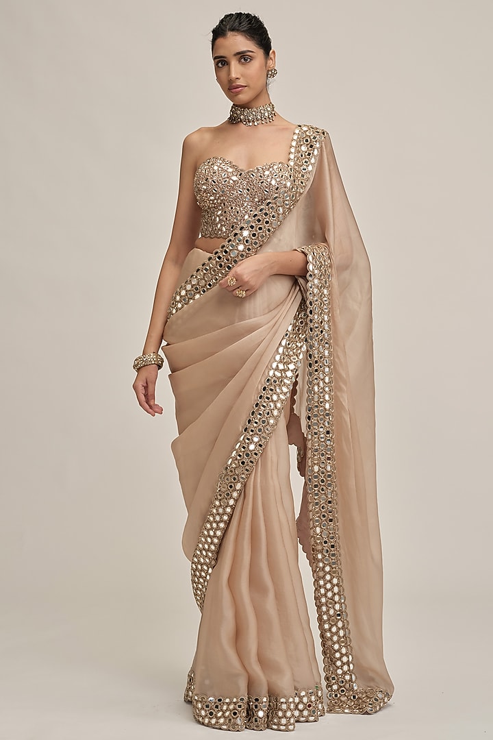 Light Beige Satin Organza Sequins Embroidered Reception Saree Set by Vvani By Vani Vats at Pernia's Pop Up Shop