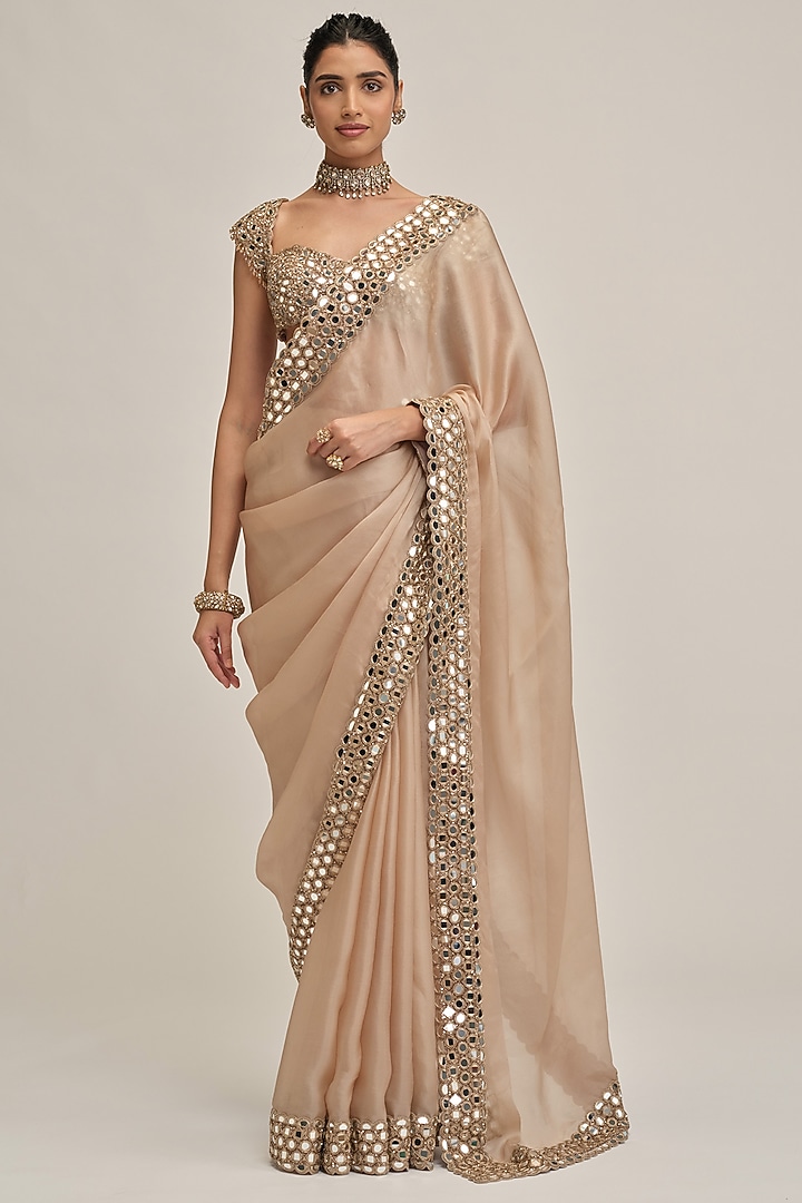 Light Beige Satin Organza Sequins Embroidered Reception Saree Set by Vvani By Vani Vats at Pernia's Pop Up Shop