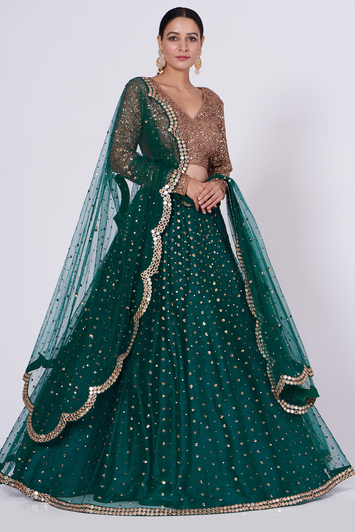 Green Hand Embroidered Lehenga Set by Vvani By Vani Vats