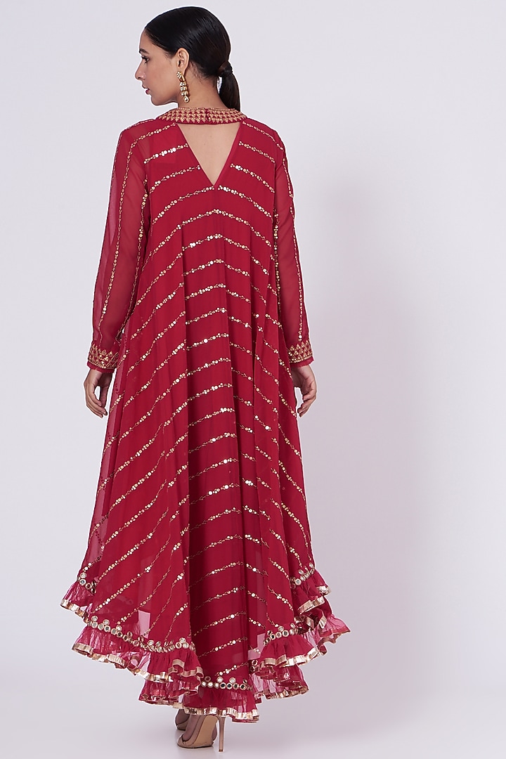 Crimson Hand Embroidered Asymmetrical Kurta Set by Vvani By Vani Vats at Pernia's Pop Up Shop