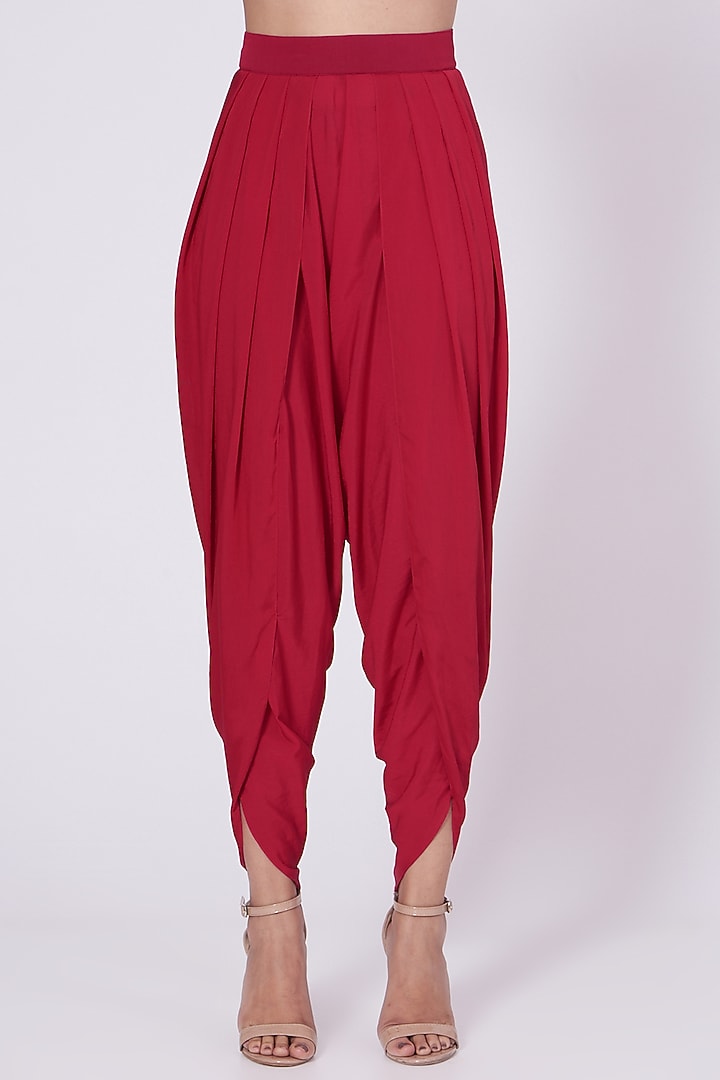 Crimson Hand Embroidered Asymmetrical Kurta Set by Vvani By Vani Vats at Pernia's Pop Up Shop