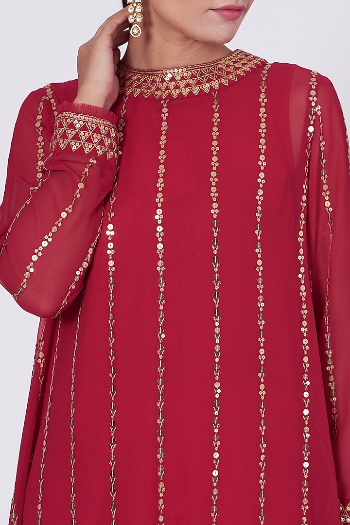 Crimson Hand Embroidered Asymmetrical Kurta Set by Vvani By Vani Vats at Pernia's Pop Up Shop