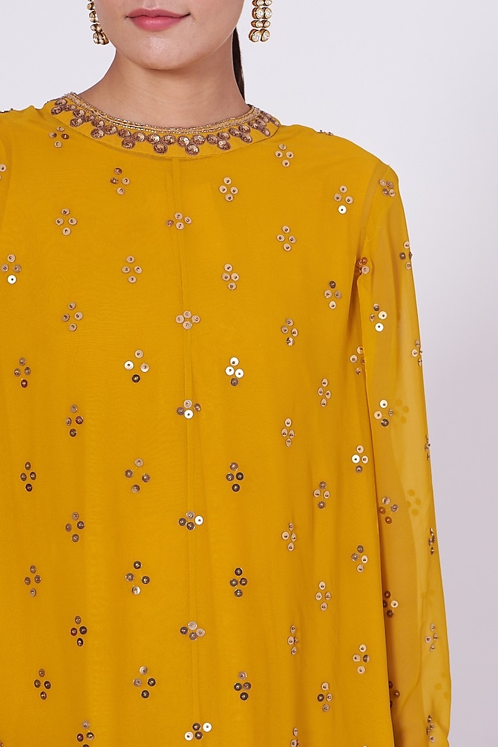 Mustard Hand Embroidered Asymmetrical Kurta Set by Vvani By Vani Vats at Pernia's Pop Up Shop