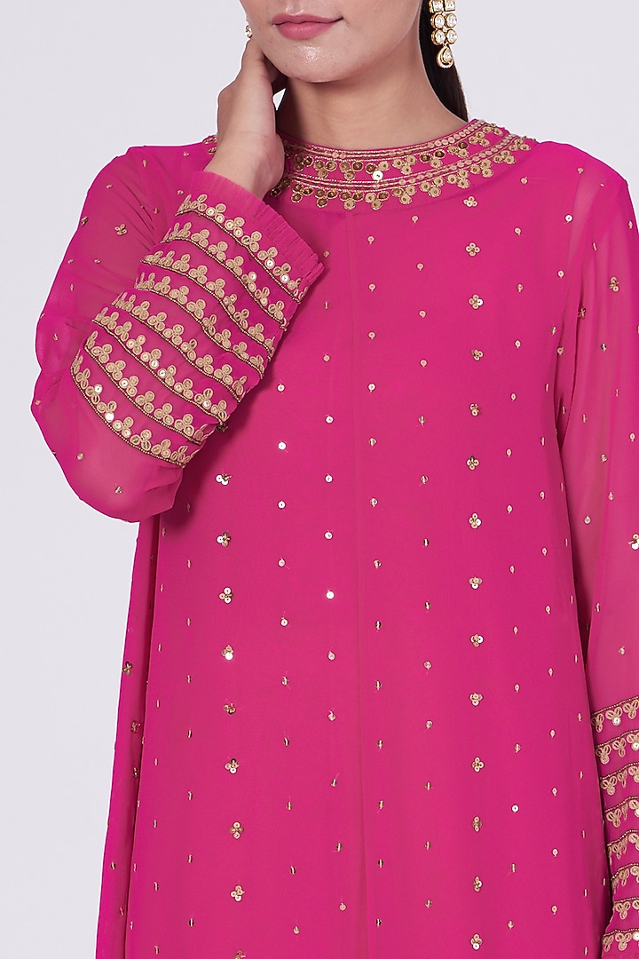 Fuchsia Hand Embroidered Asymmetrical Kurta Set by Vvani By Vani Vats at Pernia's Pop Up Shop