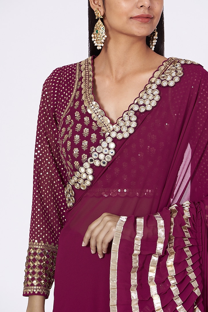 Wine Georgette Gota Embroidered Wedding Saree Set by Vvani by Vani Vats at Pernia's Pop Up Shop