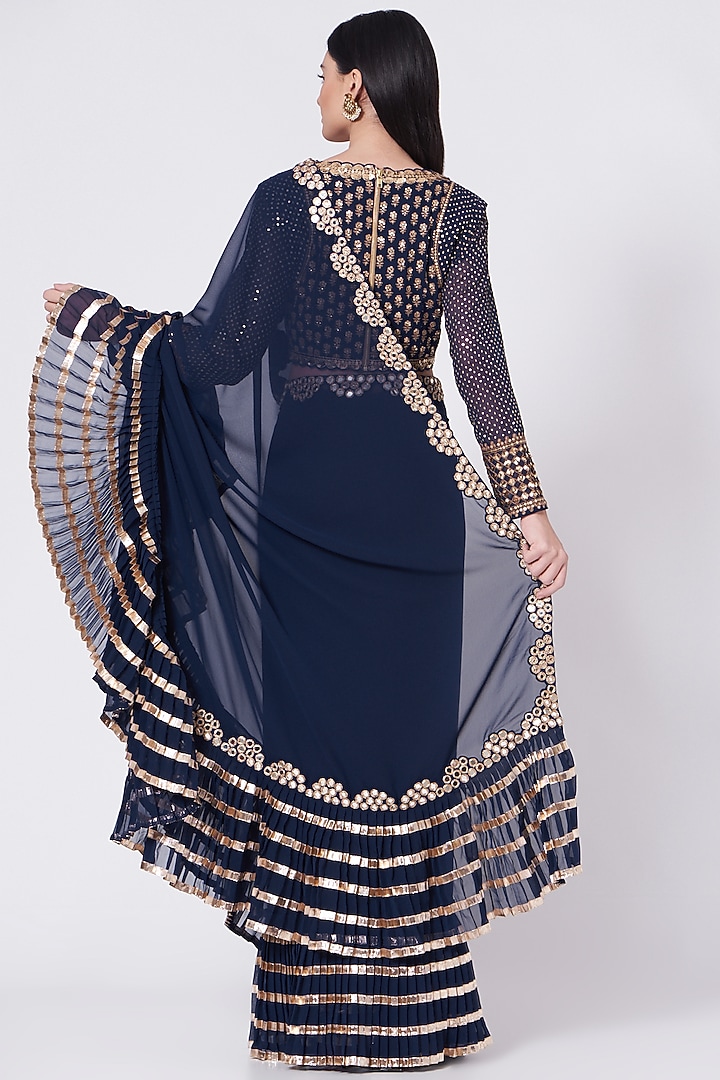 Midnight Blue Embroidered Wedding Saree Set by Vvani by Vani Vats at Pernia's Pop Up Shop