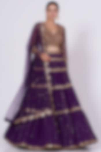 Purple Net Hand Embroidered Wedding Lehenga Set by Vvani By Vani Vats at Pernia's Pop Up Shop