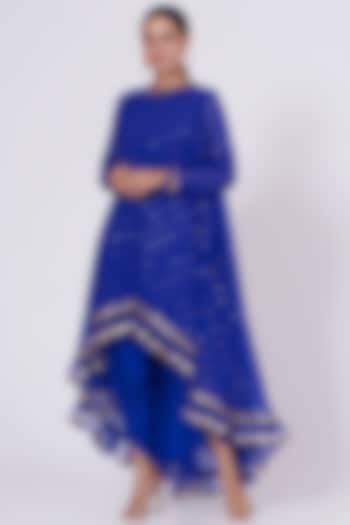 Royal Blue Embroidered Asymmetrical Kurta Set by Vvani By Vani Vats