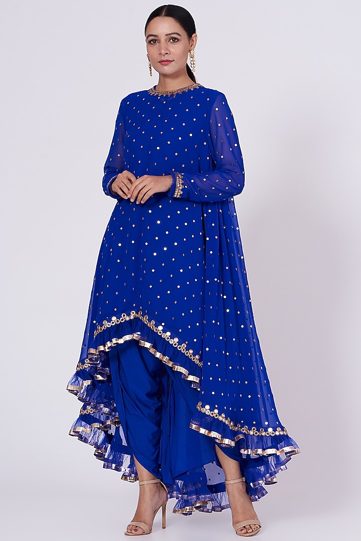 Royal Blue Embroidered Asymmetrical Kurta Set by Vvani By Vani Vats