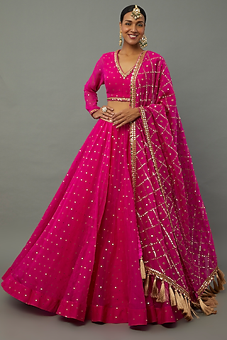 Fuchsia Silk Organza Hand Embroidered Lehenga Set by Vvani by Vani Vats