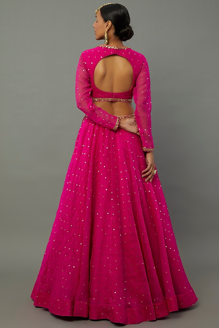 Fuchsia Silk Organza Hand Embroidered Wedding Lehenga Set by Vvani by Vani Vats at Pernia's Pop Up Shop