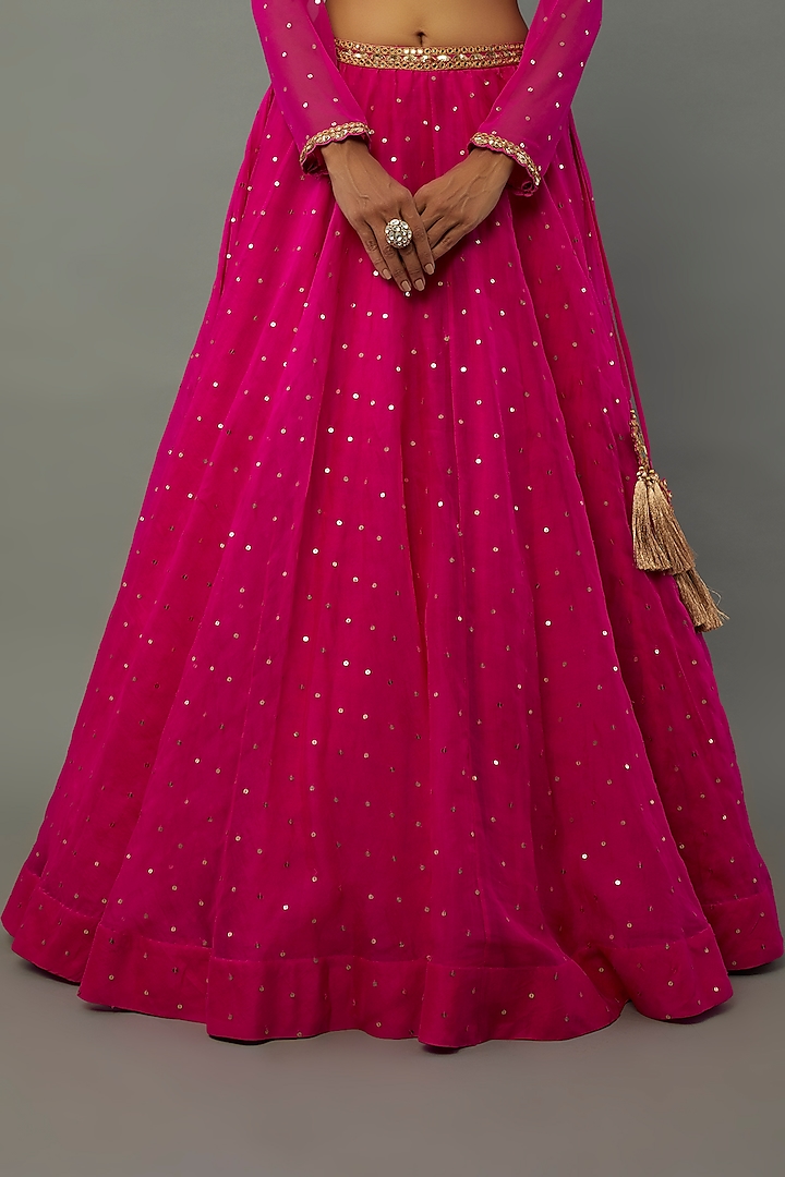 Fuchsia Silk Organza Hand Embroidered Wedding Lehenga Set by Vvani by Vani Vats at Pernia's Pop Up Shop