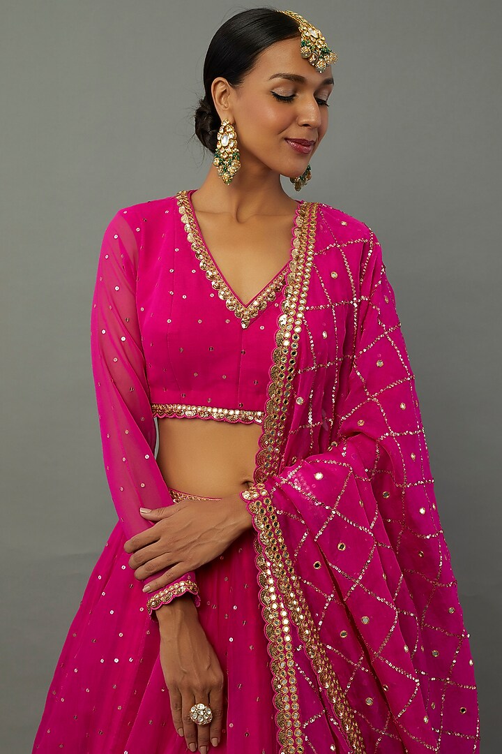 Fuchsia Silk Organza Hand Embroidered Wedding Lehenga Set by Vvani by Vani Vats at Pernia's Pop Up Shop