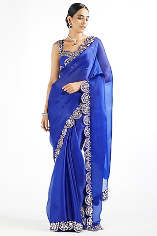 Royal Blue Embroidered Saree Set by Vvani By Vani Vats