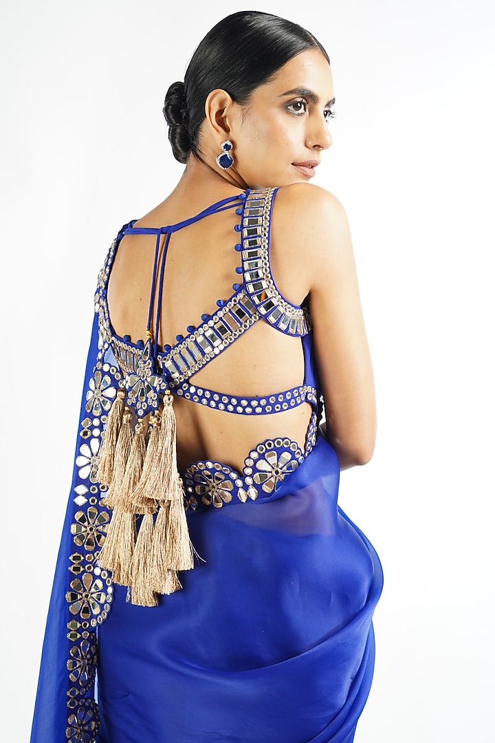 Royal Blue Embroidered Wedding Saree Set by Vvani By Vani Vats at Pernia's Pop Up Shop