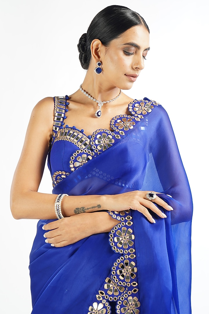 Royal Blue Embroidered Wedding Saree Set by Vvani By Vani Vats at Pernia's Pop Up Shop