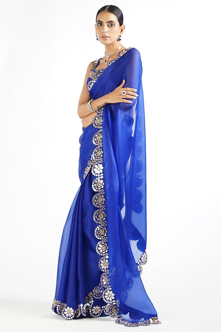 Royal Blue Embroidered Wedding Saree Set by Vvani By Vani Vats at Pernia's Pop Up Shop
