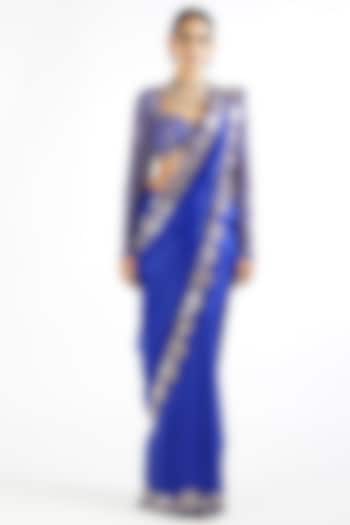 Royal Blue Satin Organza Embroidered Saree Set by Vvani By Vani Vats