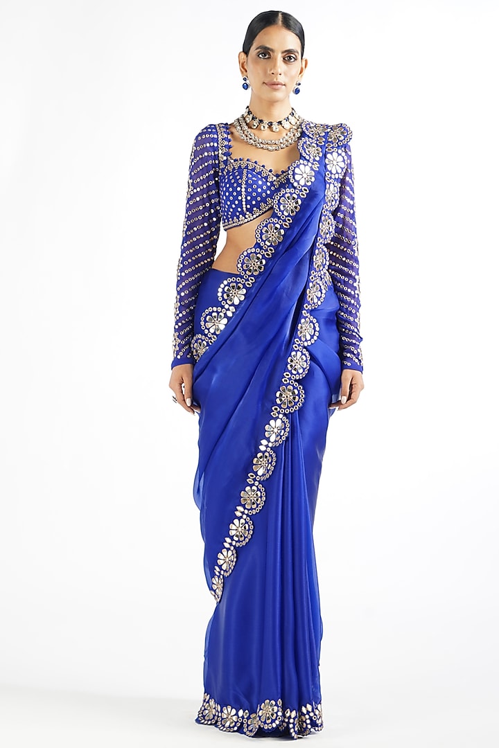 Royal Blue Satin Organza Embroidered Saree Set by Vvani By Vani Vats