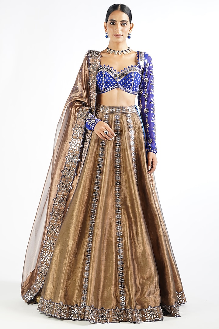 Copper Shimmer organza Mirror Embroidered Lehenga Set by Vvani By Vani Vats